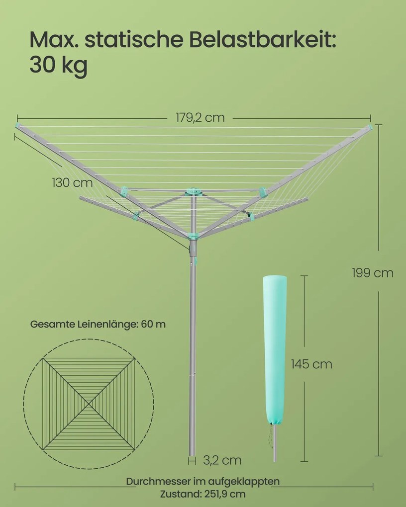 Estendal de roupa giratório 179,2 x 179,2 x 199 cm com capa protetora e 60 m de corda para 6 cargas de roupa Prateado