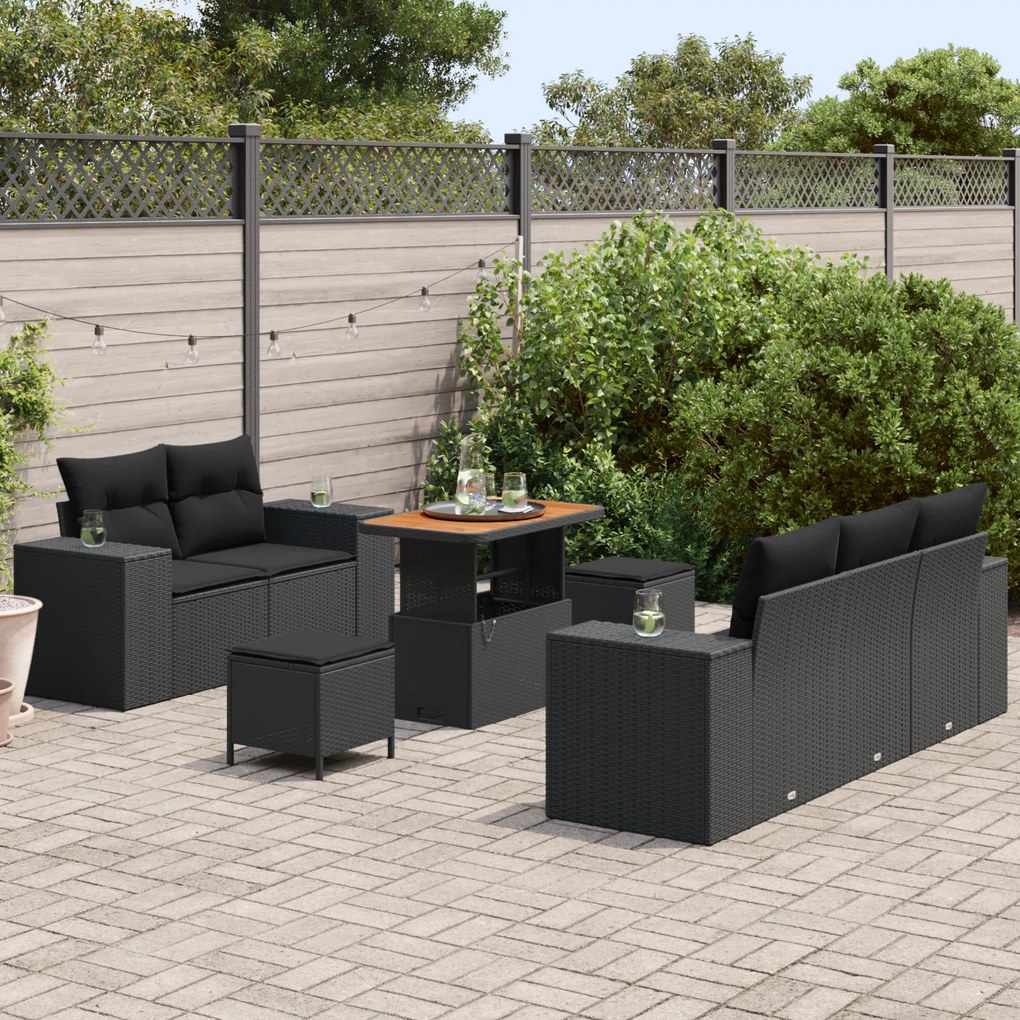 Conjunto de Sofá de Jardim de 8 Peças com Almofadas Preto de Poliratta