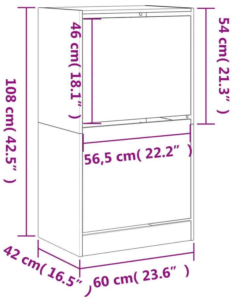 Sapateira c/ 2 gavetas articuladas 60x42x108 cm cinza cimento