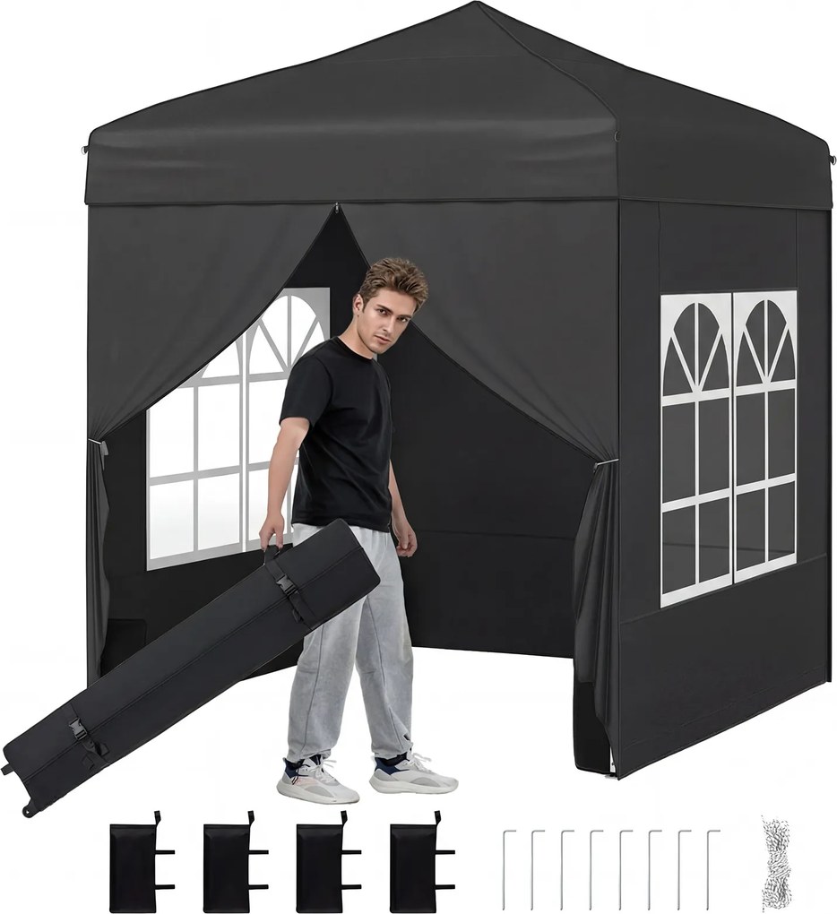 Tenda dobrável 194 x 194 cm, com 4 paredes laterais, 3 alturas ajustáveis, e 4 sacos de areia, 8 estacas, Preta