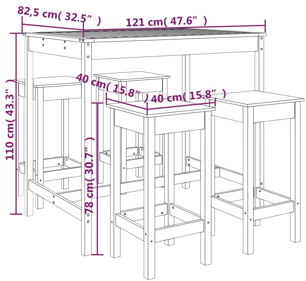 5 pcs conjunto de bar para jardim pinho maciço