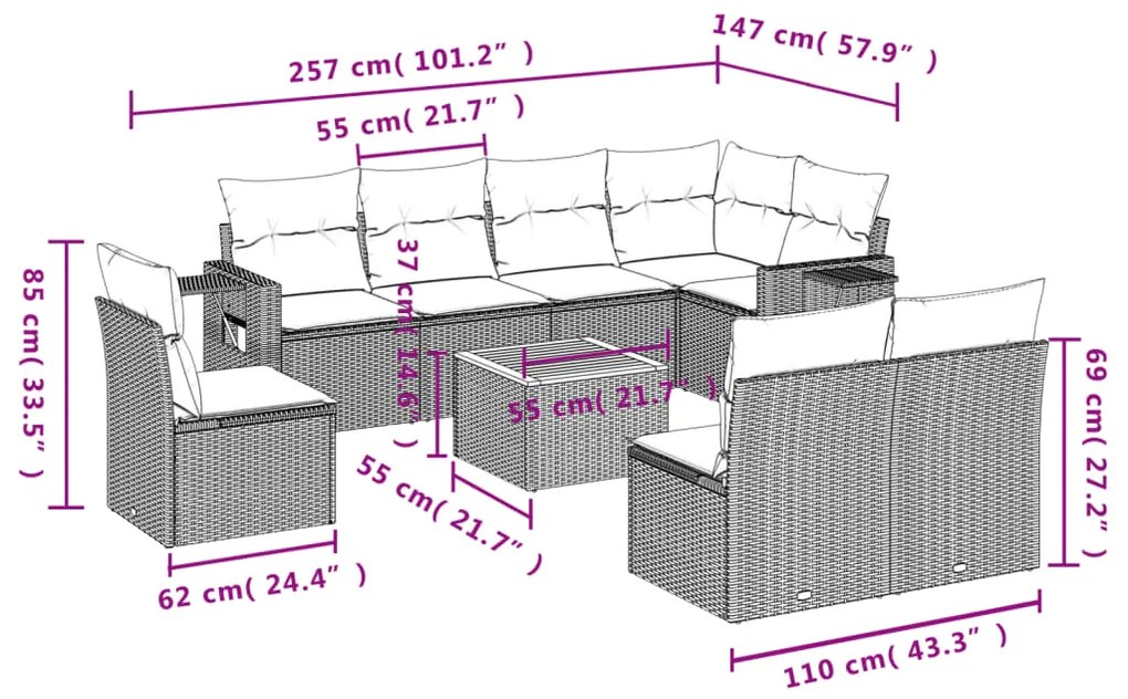 9 pcs conjunto sofás p/ jardim com almofadões vime PE cinzento
