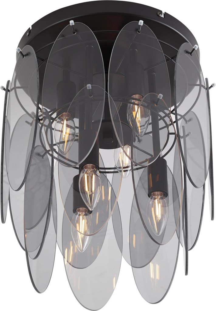 Candeeiro de Teto Art Deco Preto com Vidro Fumê Oval 6 Luzes - Mochan