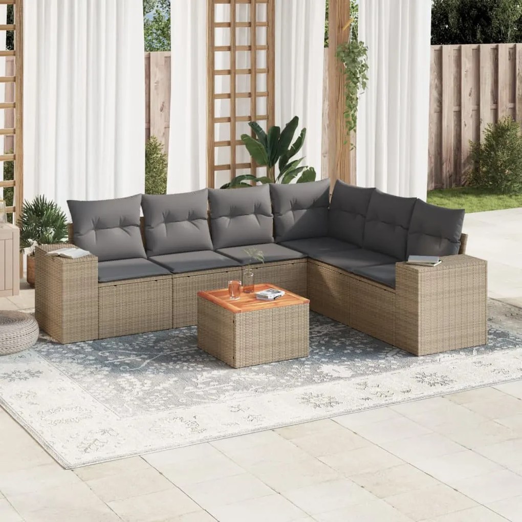 7 pcs conjunto de sofás p/ jardim com almofadões vime PE bege