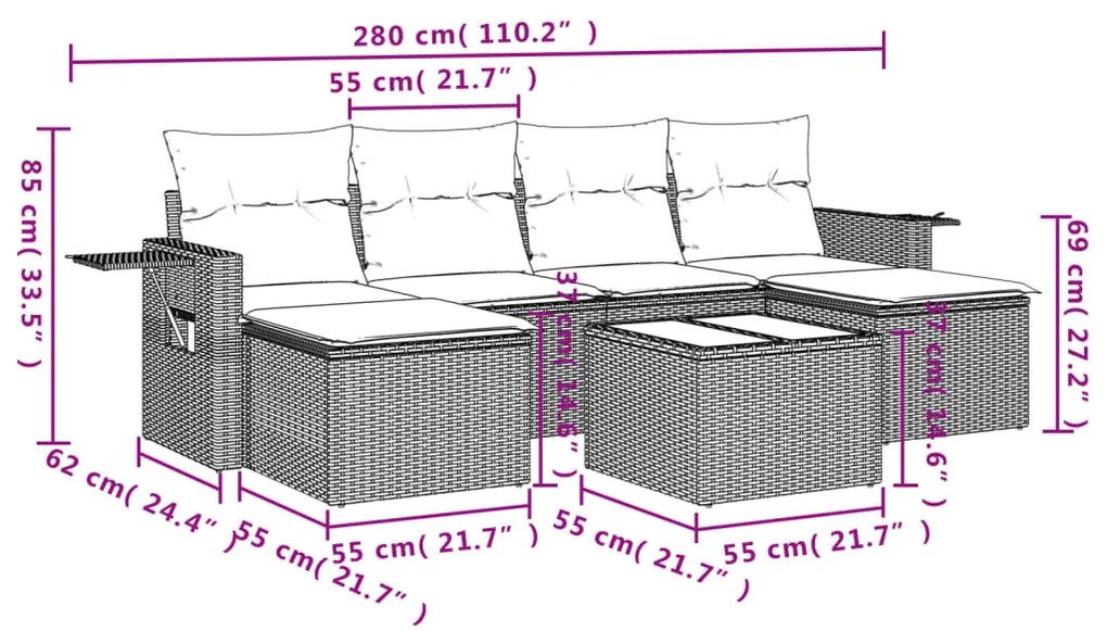 7 pcs conj. sofás jardim com almofadões vime PE cinzento-claro