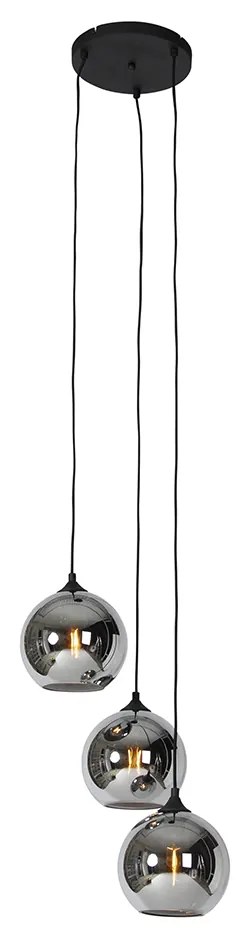 Candeeiro suspenso Art Deco preto com vidro fumê 3 luzes - Wallace Art Deco