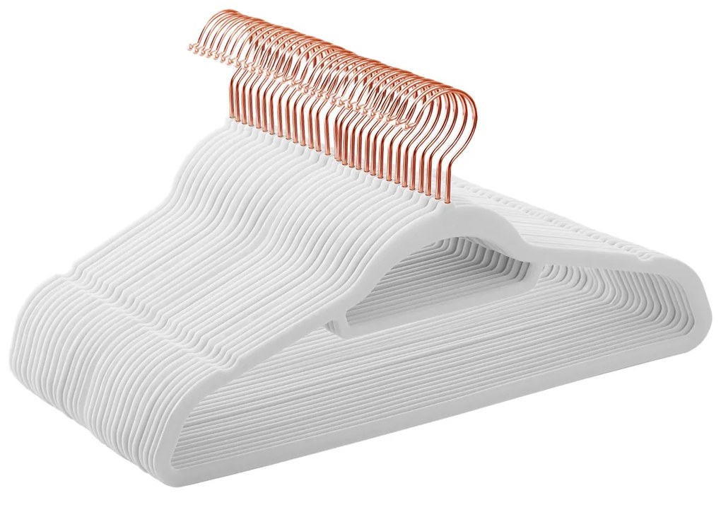 Cabides de veludo SONGMICS, conjunto de 30 cabides para roupas, antiderrapantes, com barra de gravata e gancho em ouro rosa, economizam espaço, 0,6 cm de espessura, 43,5 cm de comprimento, para vestidos e calças, branco CRF021W01