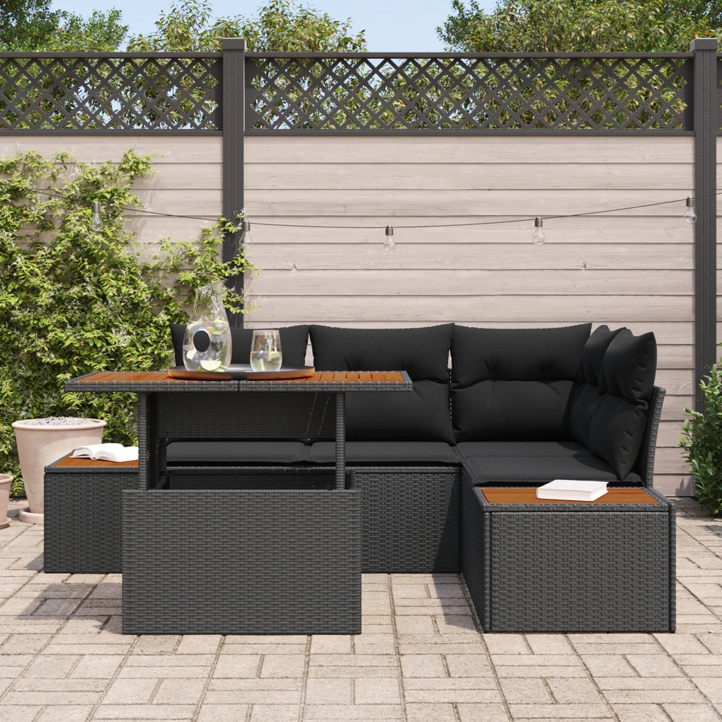 Conjunto de Sofá de Jardim de 5 Peças com Almofadas Preto de Rattan Po