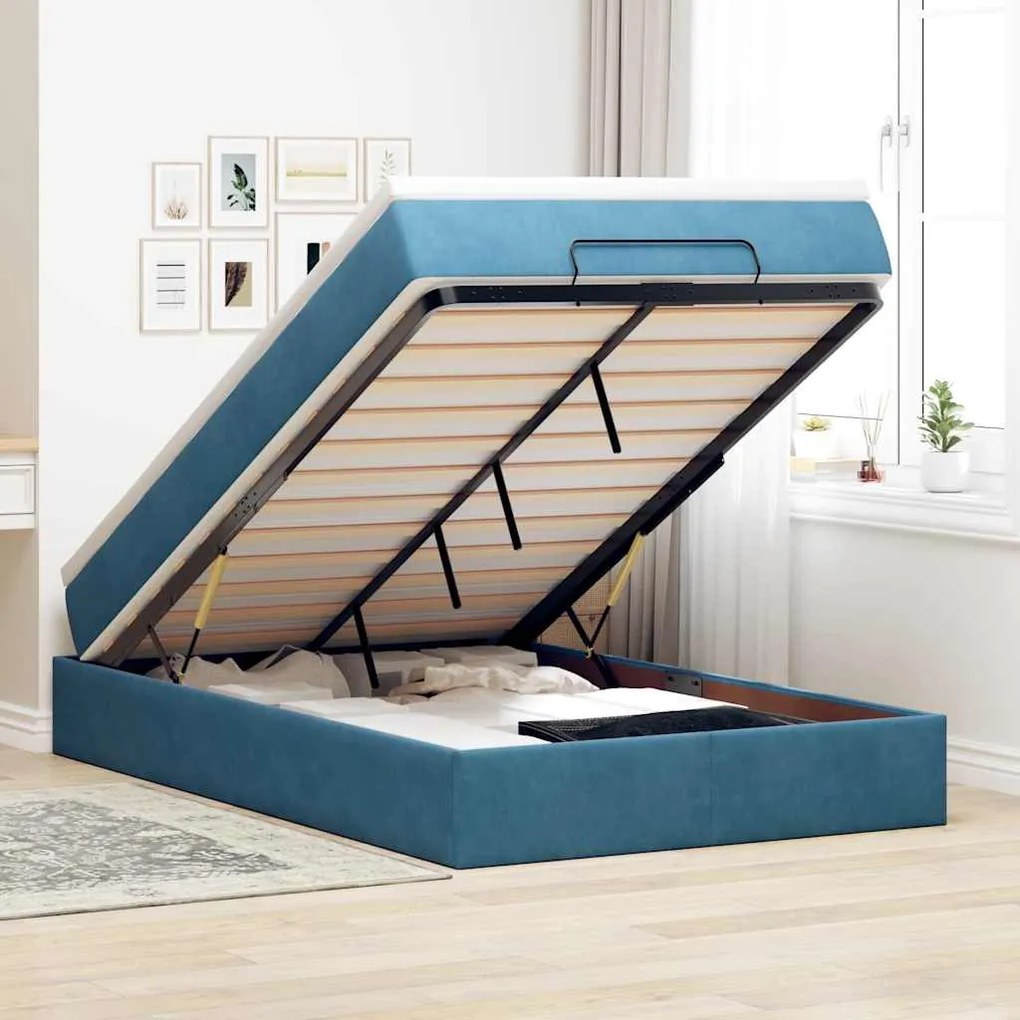vidaXL Cama otomana com colchão 120x190 cm veludo azul-escuro