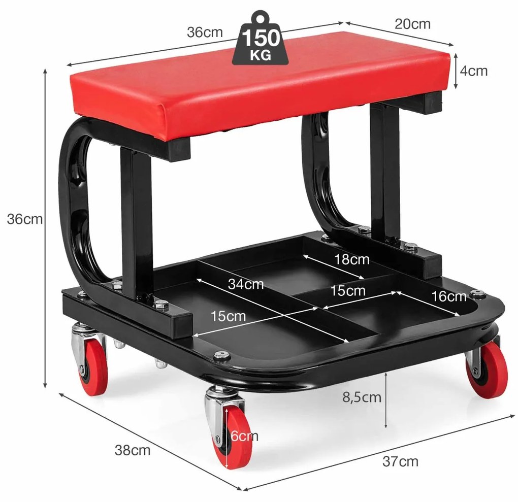 Banco de oficina garagem e escritório com 4 rodas universais assento acolchoado para ferramentas com bandeja 38 x 37 x 36 cm preto e vermelho