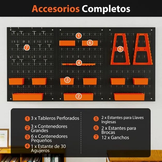 Organizador de parede Ferramentas (Não Incluidas) 120 x 60 x 2 cm com painel perfurado com 9 recipientes Preto e laranja