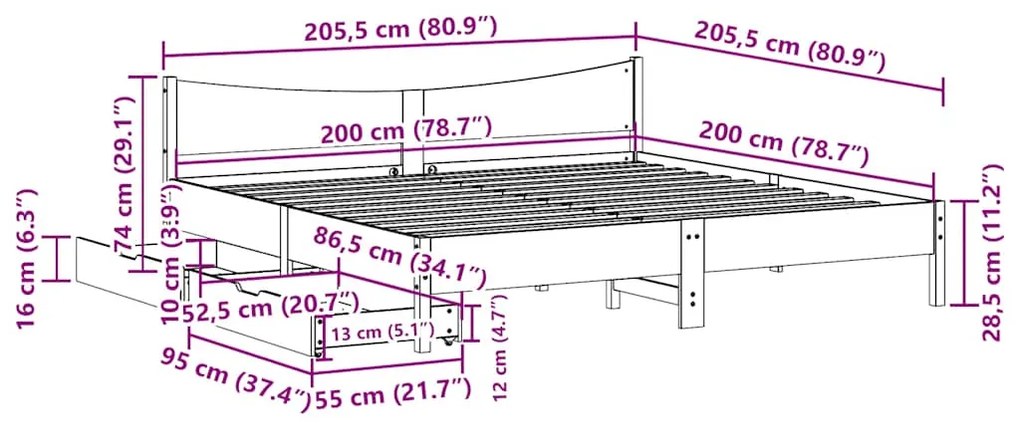 Estrutura de cama c/ gavetas 200x200 cm madeira de pinho maciça
