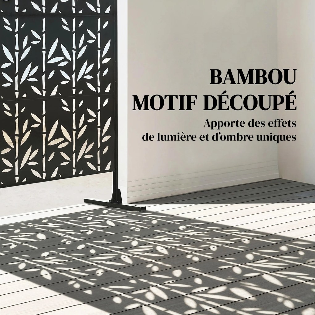 Biombo decorativo de proteção visual para exterior 92 x 40 x 192 cm, claustra decorativa para jardim, 3 painéis com padrão de bambu em metal, preto