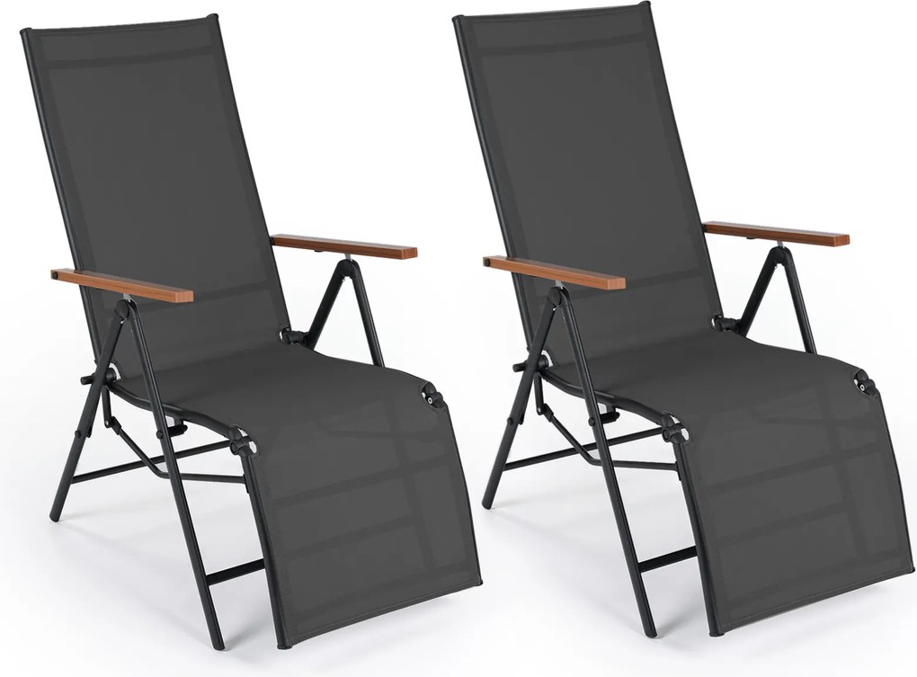 Conjunto de 2 Espreguiçadeiras Dobráveis, 72-138 x 57 x 91-110 cm, Encosto Ajustável em 5 Posições, Preto