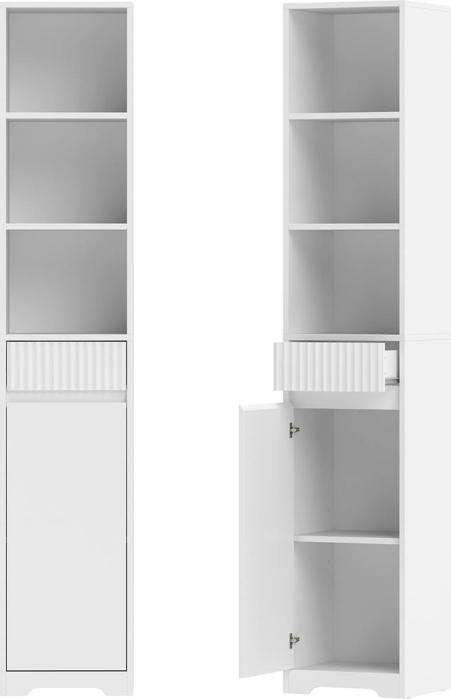 HOMCOM Armário Alto de Casa de Banho com Gaveta Design Canelado Prateleira Ajustável Prateleiras Abertas para Espaços Pequenos Branco | Aosom Portugal