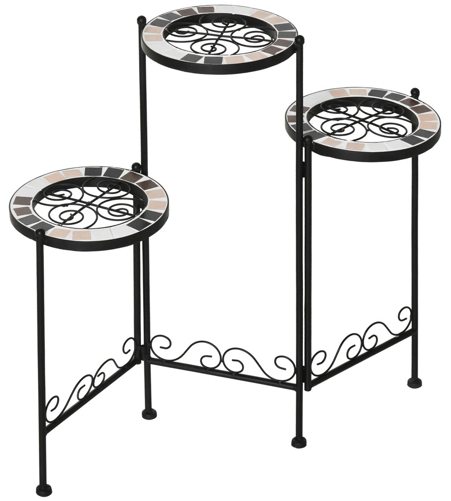 Outsunny Suporte de Metal para Plantas Dobrável Suporte para Flores com 3 Prateleiras com Bordas de Azulejo para Decoração de Interiores e Exteriores 60x22x65cm Preto