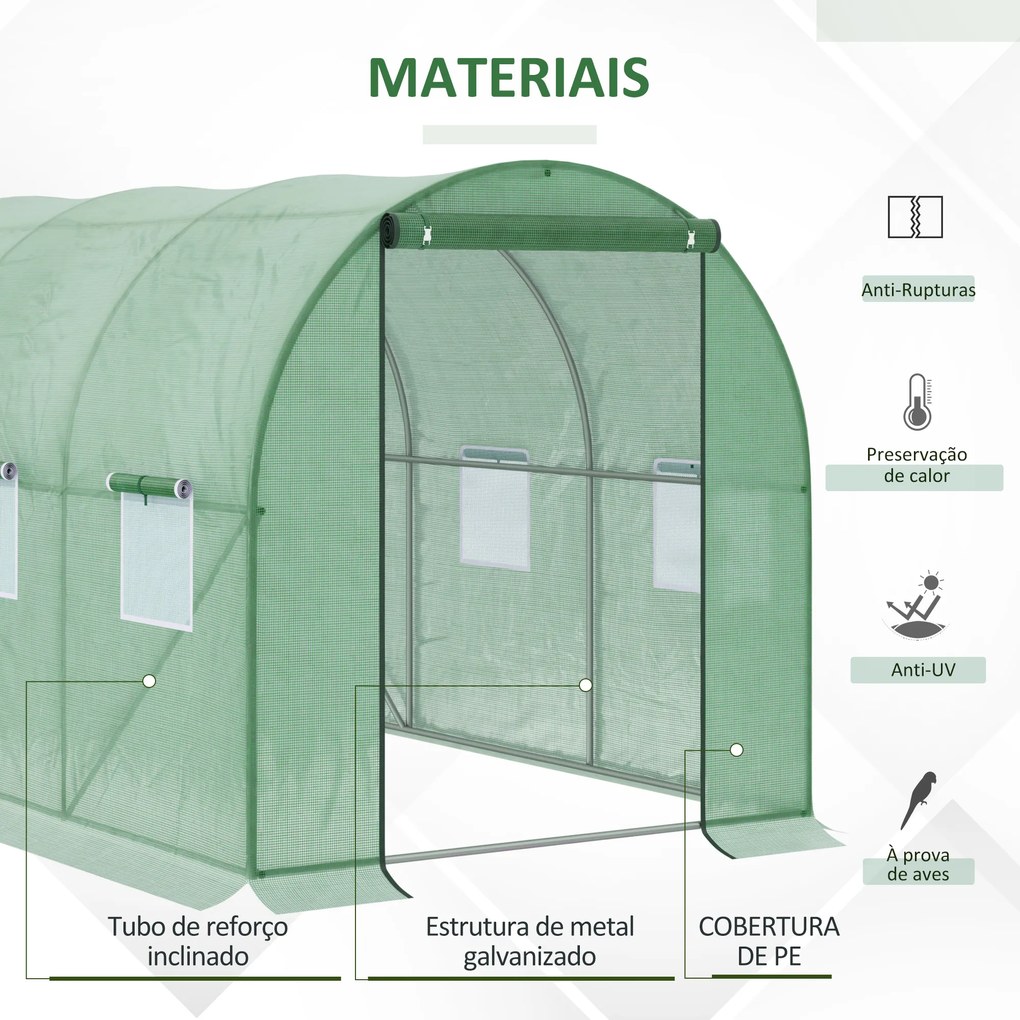 Outsunny Estufa de Túnel 3x2x3m Estufa de Jardim Exterior com Portas Enroláveis e 6 Janelas Polietileno e Metal Galvanizado para Cultivos Plantas Flores Verde