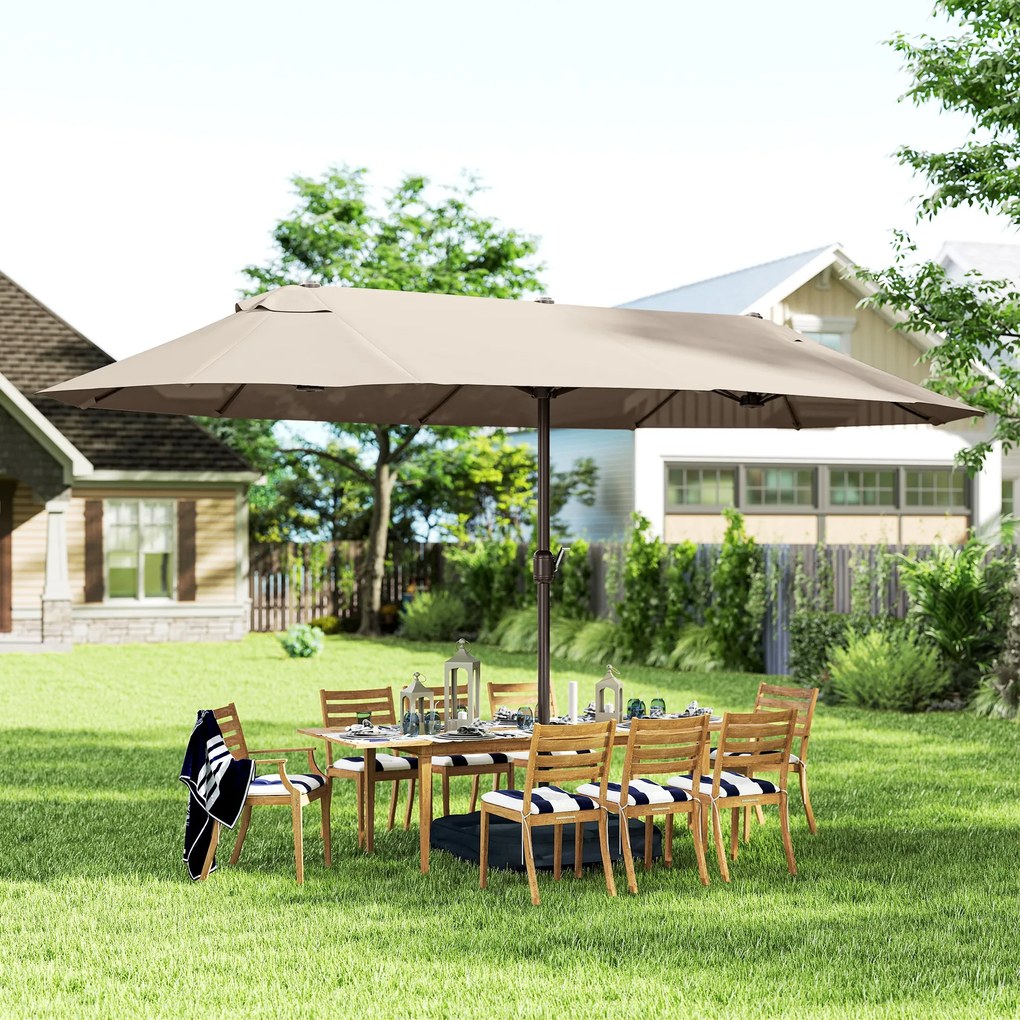 Guarda-sol duplo retangular de jardim, 4,6 m x 2,7 m x 2,4 m, com manivela para abrir e fechar, lona de 180 g/m², cor cáqui
