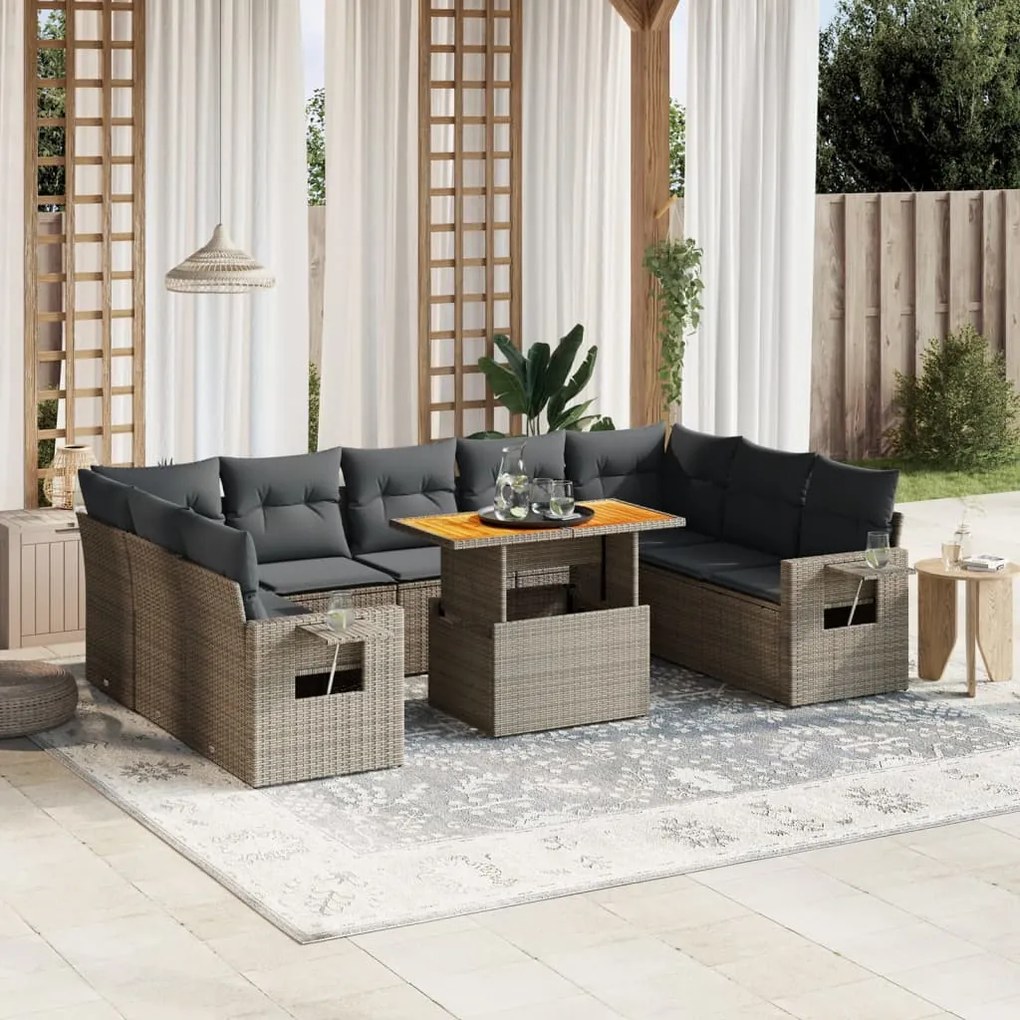 10 pcs conjunto sofás de jardim c/ almofadões vime PE cinzento