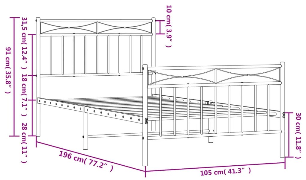 Estrutura de cama com cabeceira e pés 100x190 cm metal preto