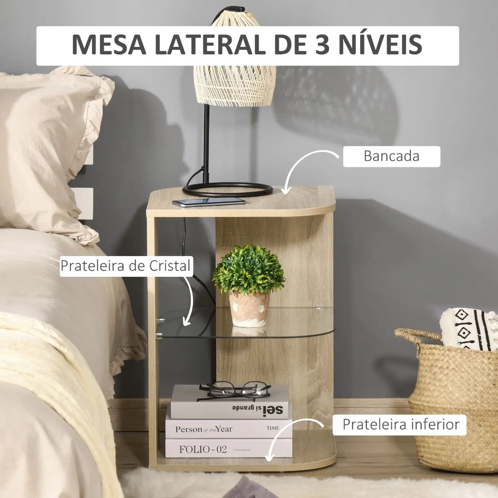 Mesa Auxiliar Moderna Mesa de Cabeceira com 3 Prateleiras 1 de Vidro para Sala de Estar Dormitório 40x40x56cm Madeira Natural