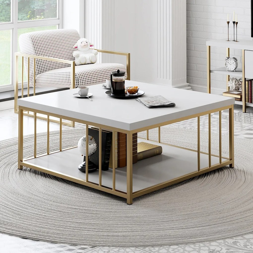 Mesa de Centro Zenn – Branco/Dourado – 90x39x40 cm