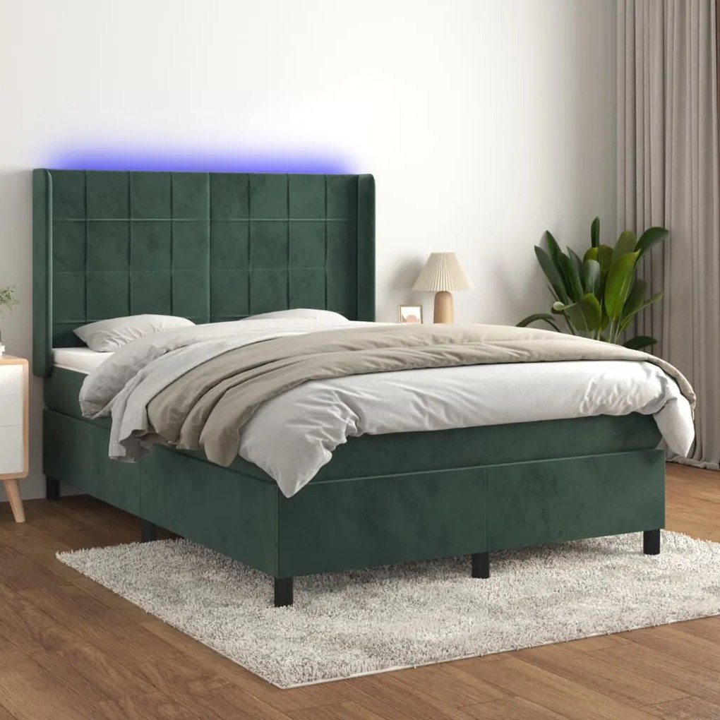 vidaXL Cama box spring c/ colchão/LED 140x200 cm veludo verde-escuro