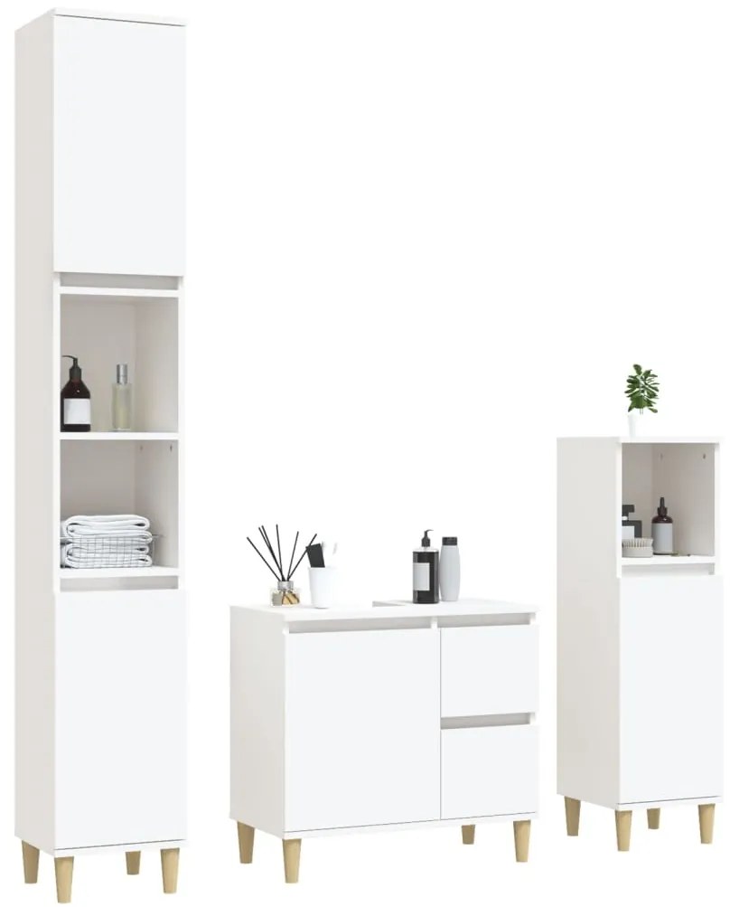 3 pcs conjunto móveis casa de banho madeira processada branco