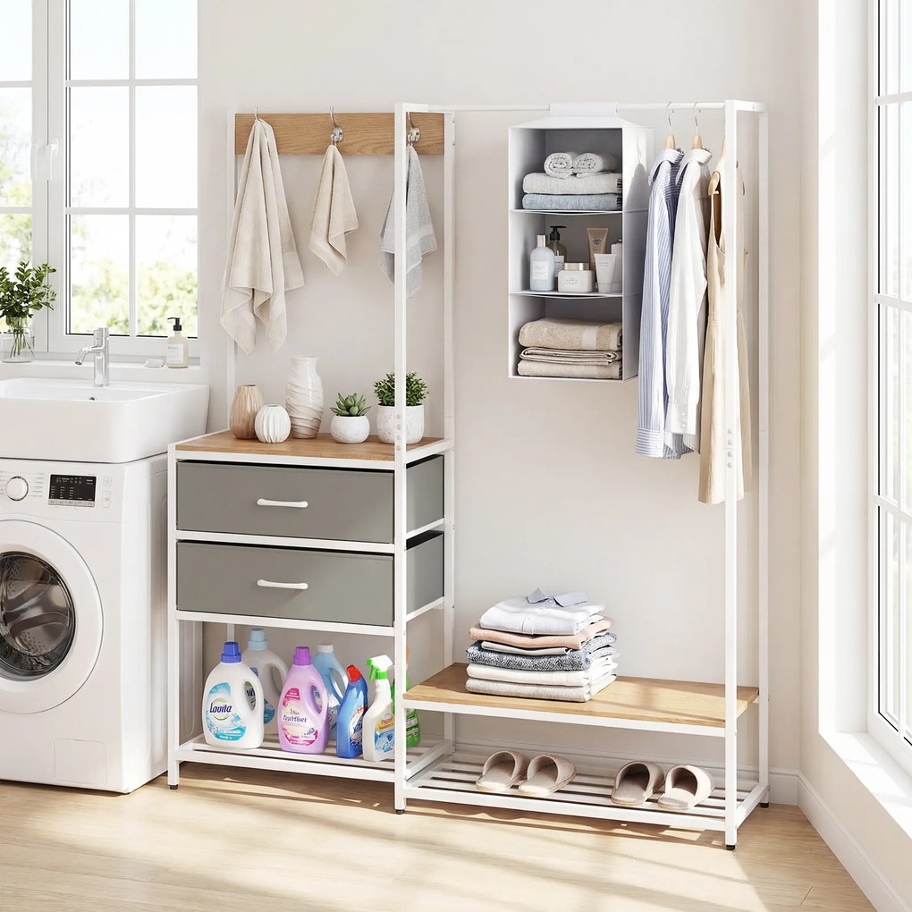 Guarda roupa aberto 138 x 35 x 161 cm com 2 gavetas dobráveis, estantes abertas, 3 ganchos, bolsa e 3 cubos organizadores Natural, branco