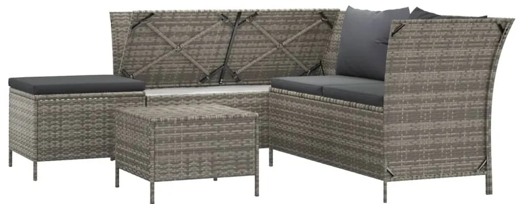 4 pcs conjunto lounge de jardim c/ almofadões vime PE cinzento