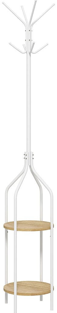 HOMCOM Cabide de Pé com 2 Prateleiras Cabide de Pé para Roupa de Metal com 8 Ganchos Ø34x181 cm Branco