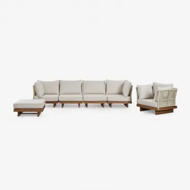 Conjunto De Sala De Estar Com Sofá Modular De 4 Peças Com 2 Poltronas De Canto, Poltrona E Pufe Em Madeira De Acácia Dailin Castanho Acácia - Sklum