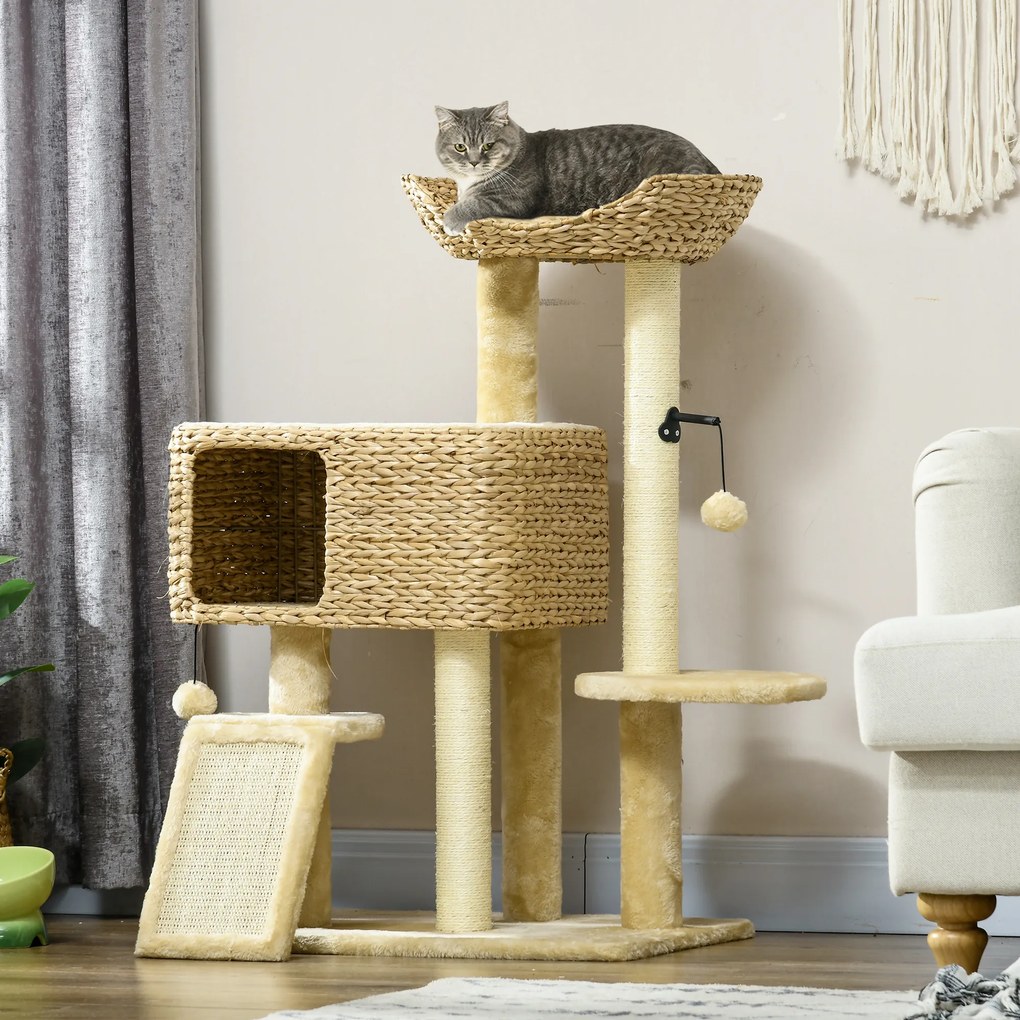 Arranhador para gatos 60 x 40 x 98 cm, compartimentos abertos, cesto de observação, plataformas e pompons suspensos bege