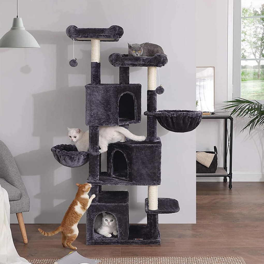 Arranhador para gatos com 3 grutas para gatos 55 x 40 x 164 cm Cinzento 