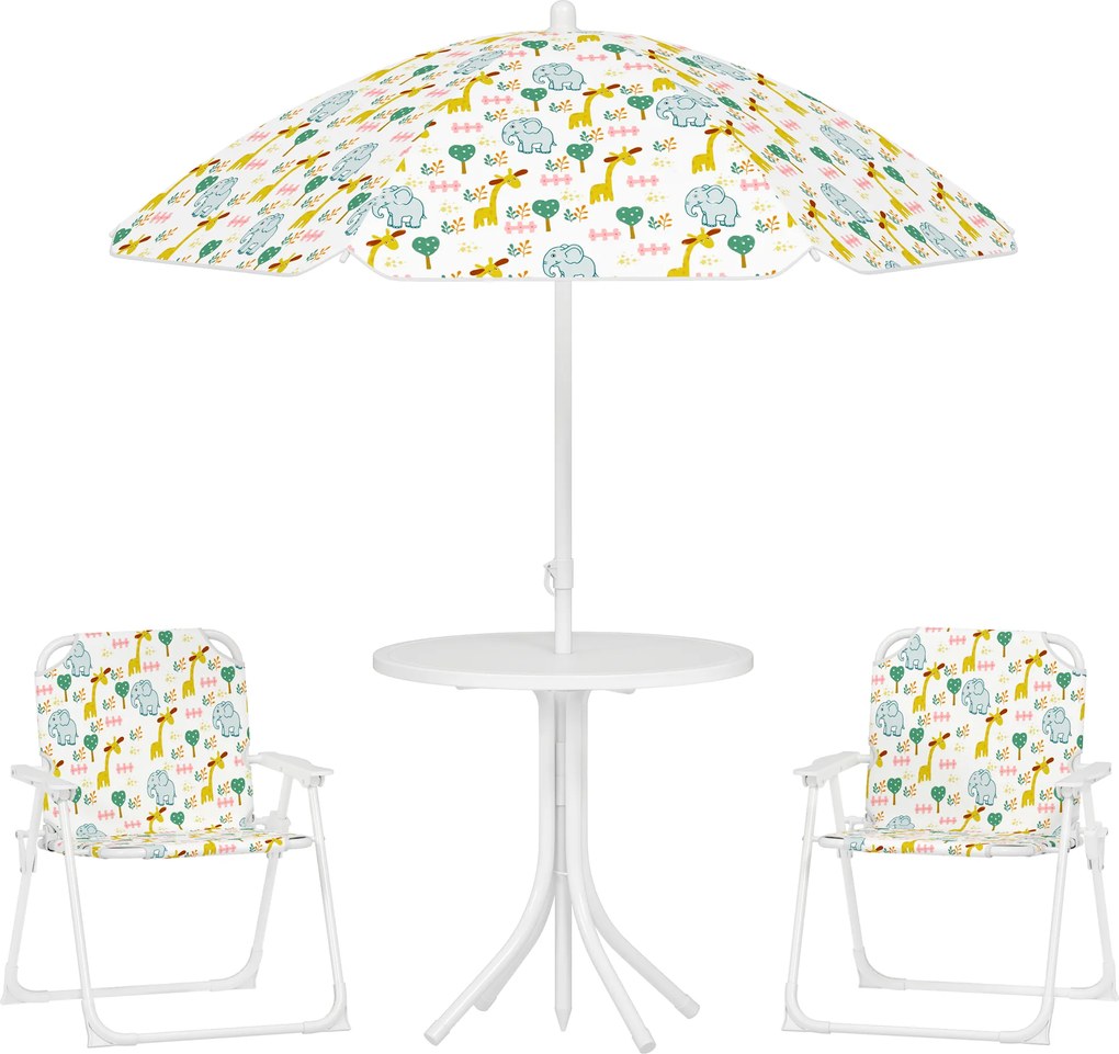 AIYAPLAY Conjunto Infantil de Mesa e Cadeiras de Jardim 4 Peças Cadeiras Dobráveis Chapéu de Sol Ajustável Design de Elefantes Branco | Aosom Portugal