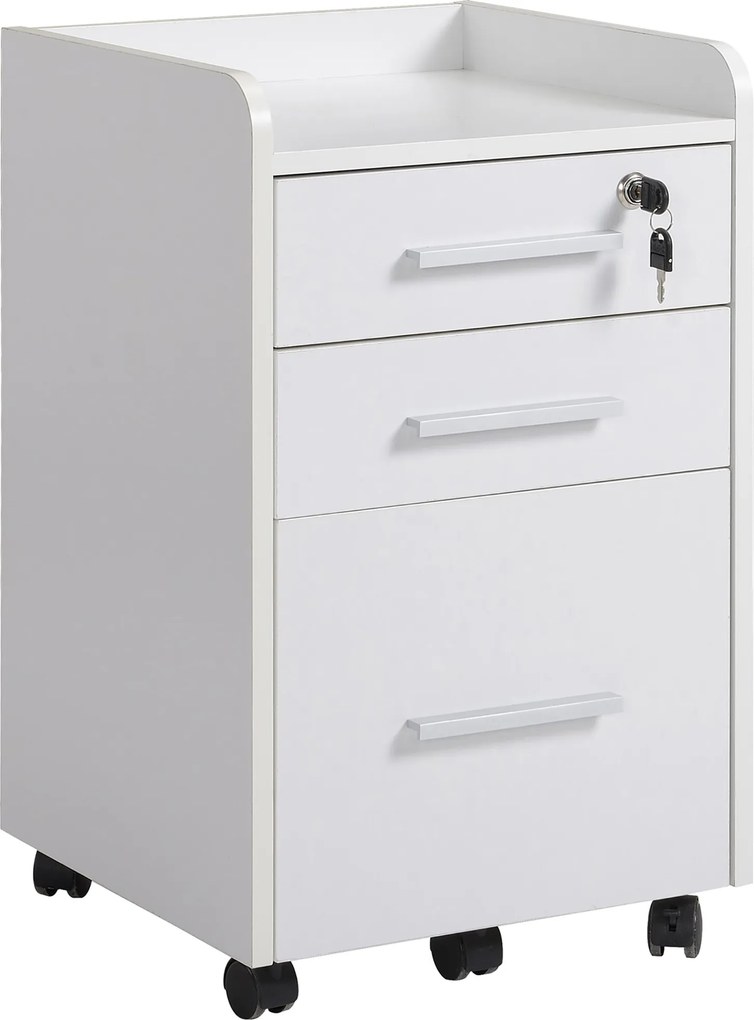 HOMCOM Gaveteiro de Secretária com Rodas e 3 Gavetas, Fechadura e 2 Chaves, Barras Ajustáveis para Arquivos, 39,2x40x65,4 cm, Branco | Aosom Portugal