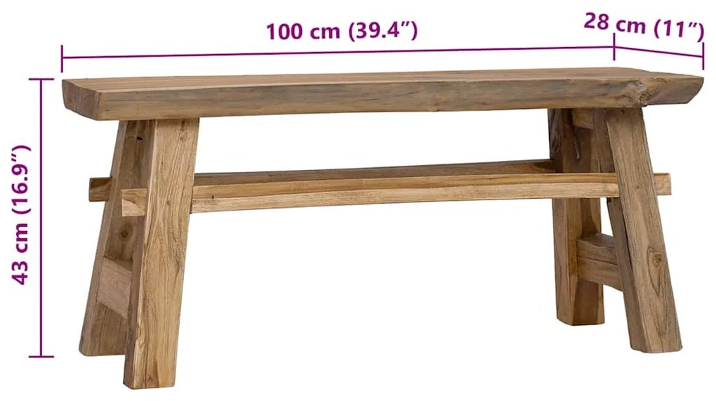 Banco mistura de madeiras recicladas e teca maciça 100x28x43 cm