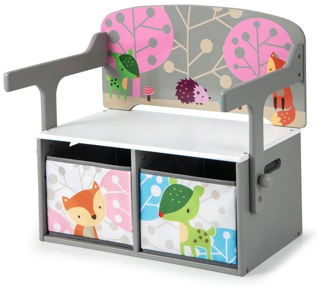 Conjunto de mesa e cadeira para crianças com 2 recipientes de pano amovíveis Mesa para crianças 3 em 1 com banco de actividades convertível Cinzento