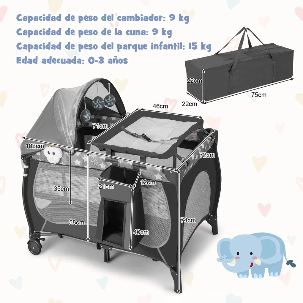 Berço de viagem dobrável 5 em 1 Centro de berçário portátil para bebés com Moisés Berço Trocador Toldo Música Rodas 102 x 72 x 74 cm Cinzento
