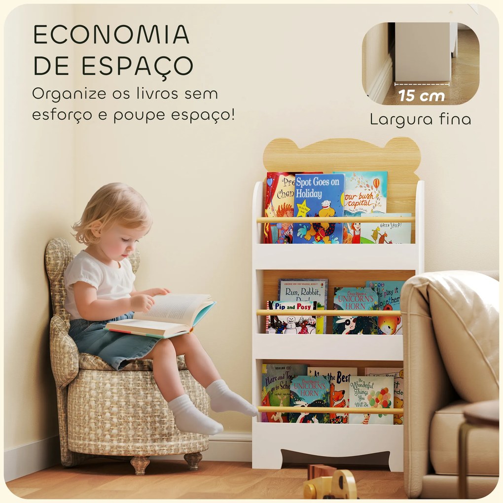 Estante Infantil de 3 Níveis Estante para Livros Infantil Desenho de Ursinho 55x15x110 cm Branco e Madeira