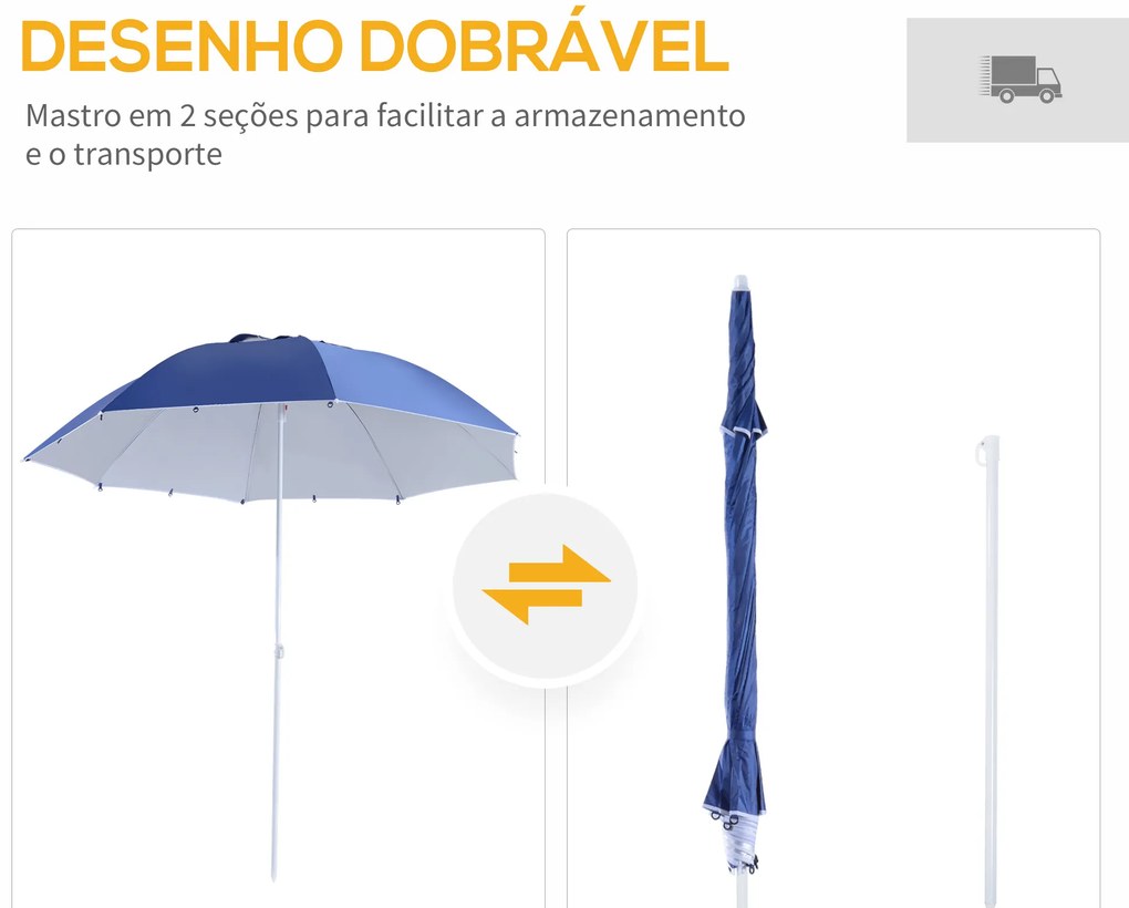 Chapéu de Sol de Praia com Painéis Laterais Tipo Tenda Chapéu de Sol para Praia com Proteção UV50 Φ210x222cm Azul