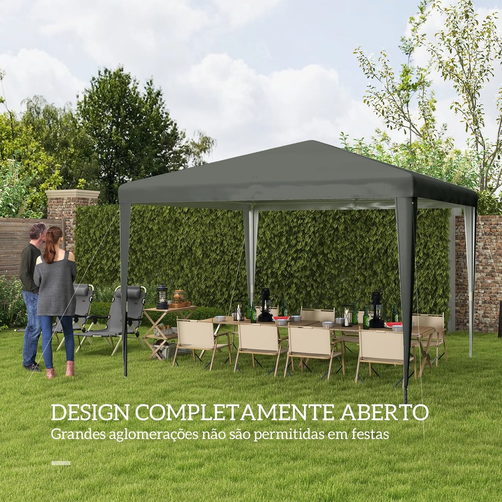 Tenda Desmontável de Jardim 3x3 m Tenda para Exteriores com 4 Orifícios de Drenagem e Tubos de Aço Cinzento