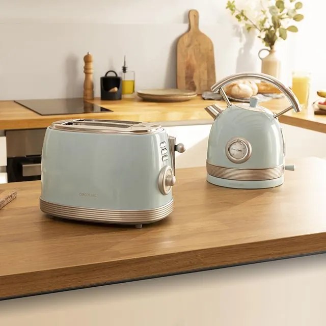 Torradeira Toast&Taste 800 Vintage Light Blue. 850 W, Dupla Ranhura Curta Extra Larga 3,8 cm, 2 Torradas, Acabamento em Aço Inoxidável, Estilo Vintage