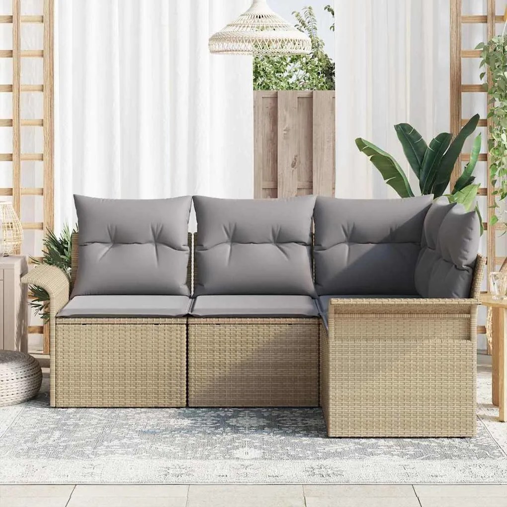 Sofá de Jardim de 4 Peças com Almofadas Beiges em Rattan Sintético