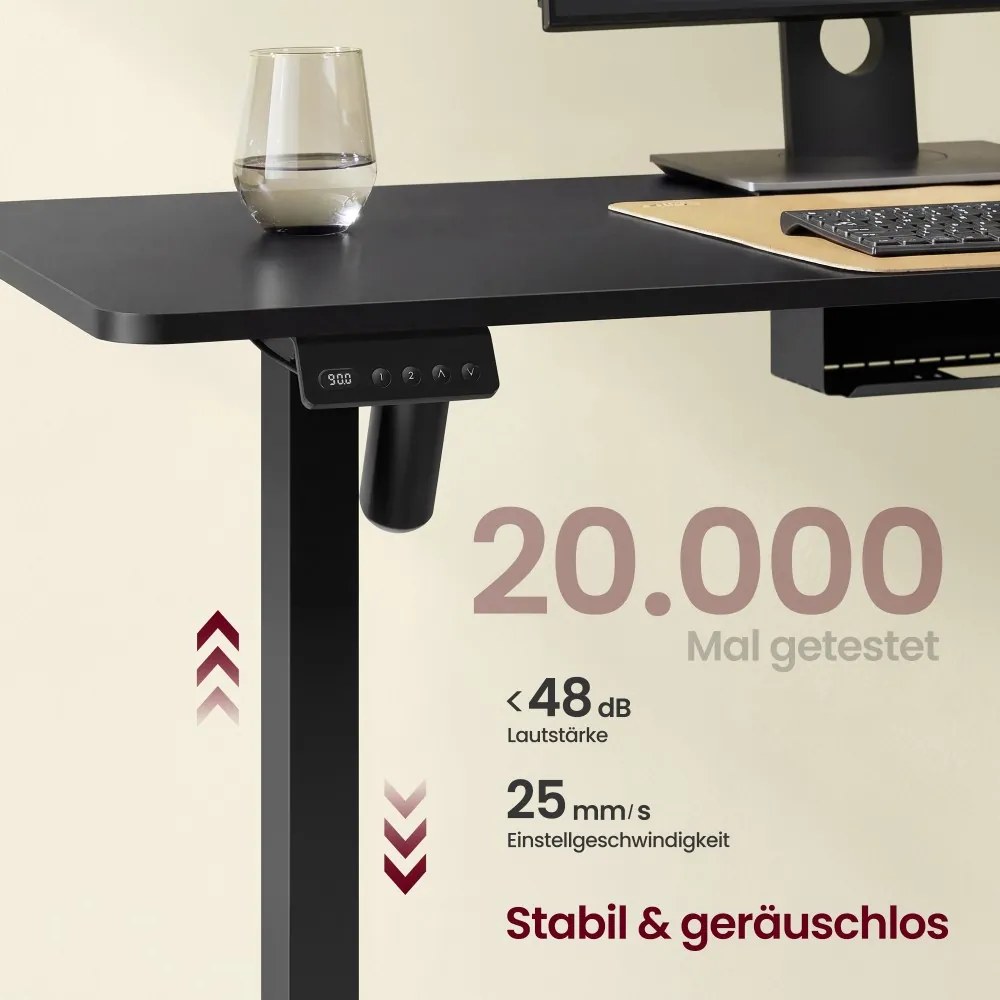Secretária elétrica com altura ajustável, 160 x 140 x (72-120) cm, em forma de L, com tomadas, preta