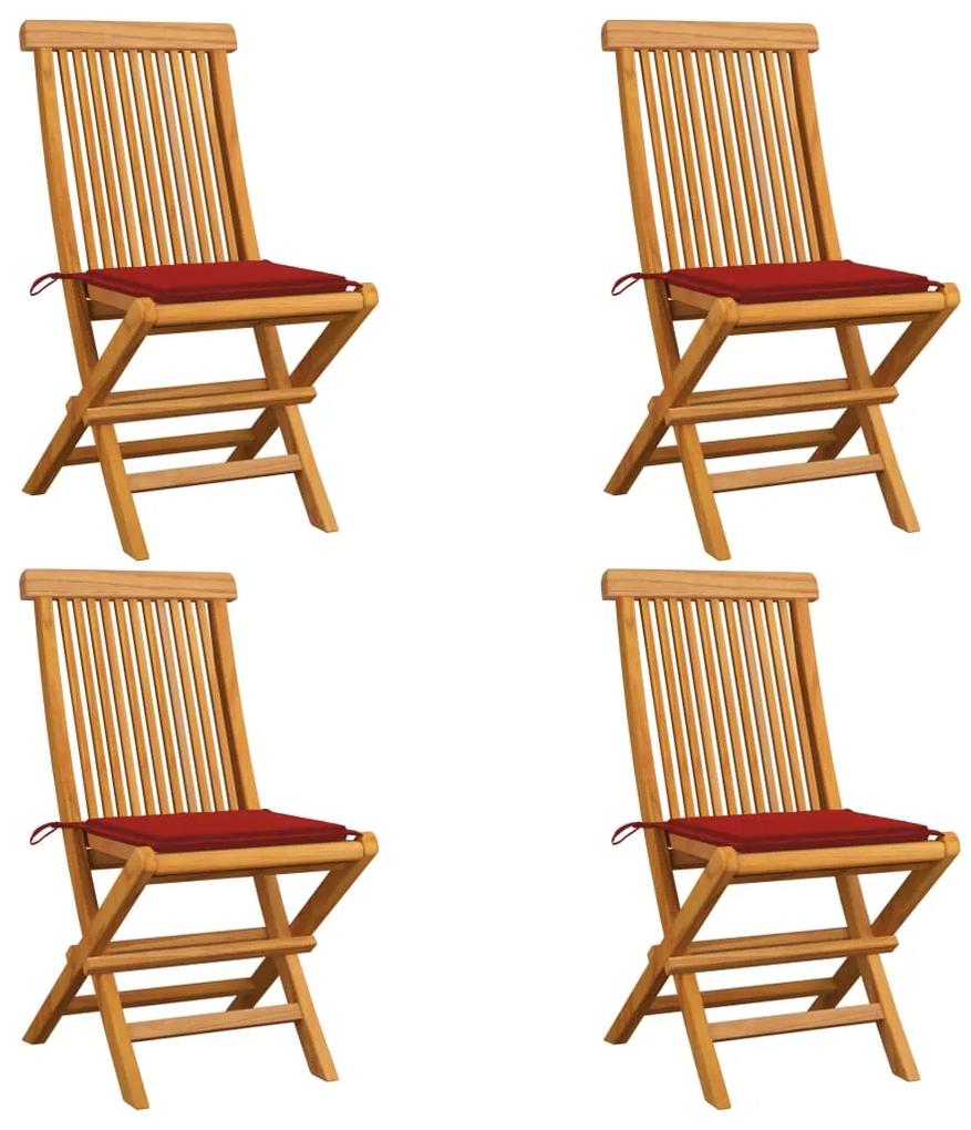3062574 vidaXL Cadeiras de jardim c/ almofadões vermelhos 4 pcs teca maciça