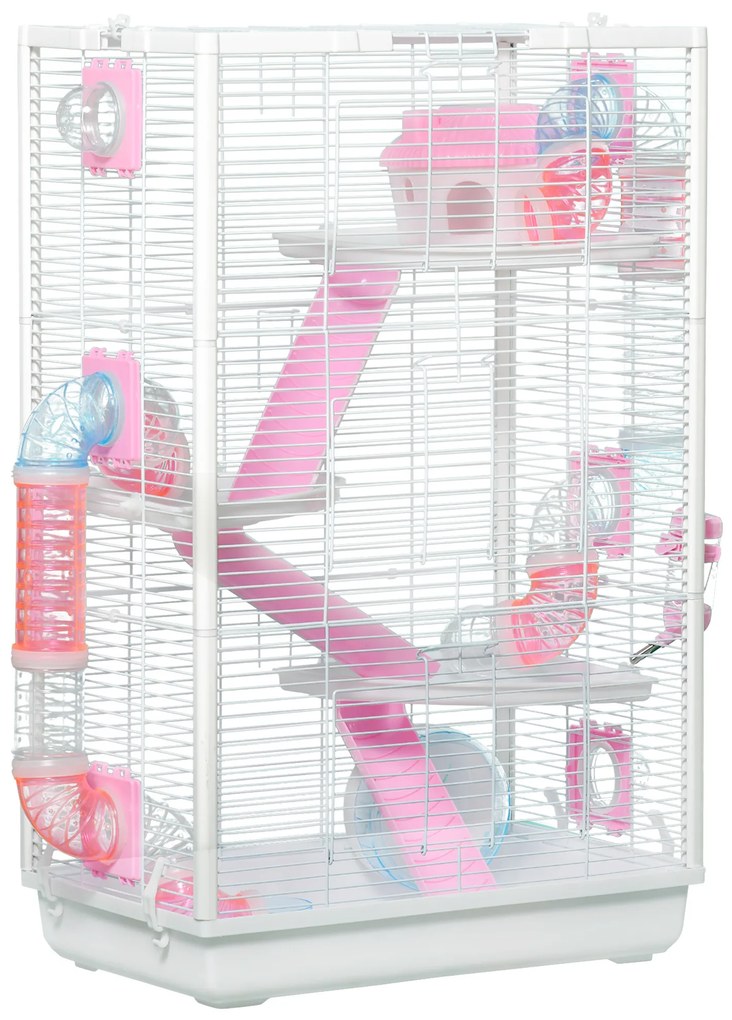 PawHut Gaiola para Hamster com Túnel 3 Portas Comedouro Bebedouro Casa 3 Rampas e Roda de Exercícios 47x29,5x76 cm Branco | Aosom Portugal