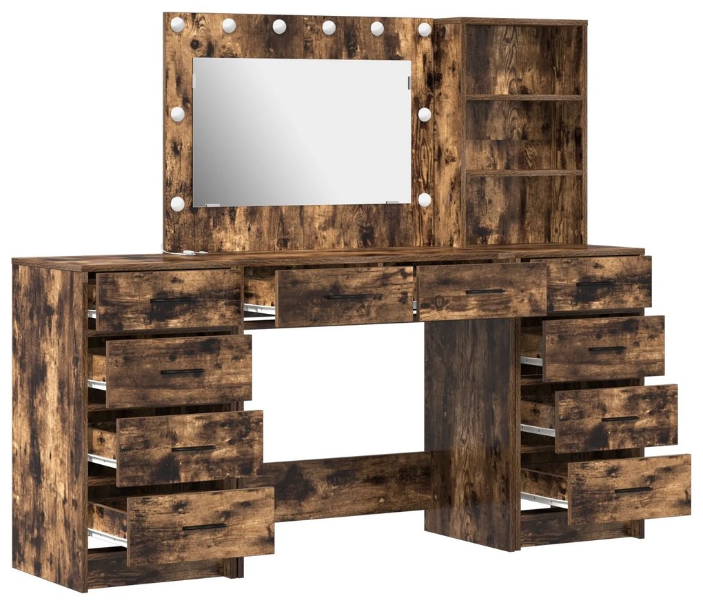 Conjunto de Mesa de Maquiagem vidaXL com 3 Peças e LED em Carvalho Fum