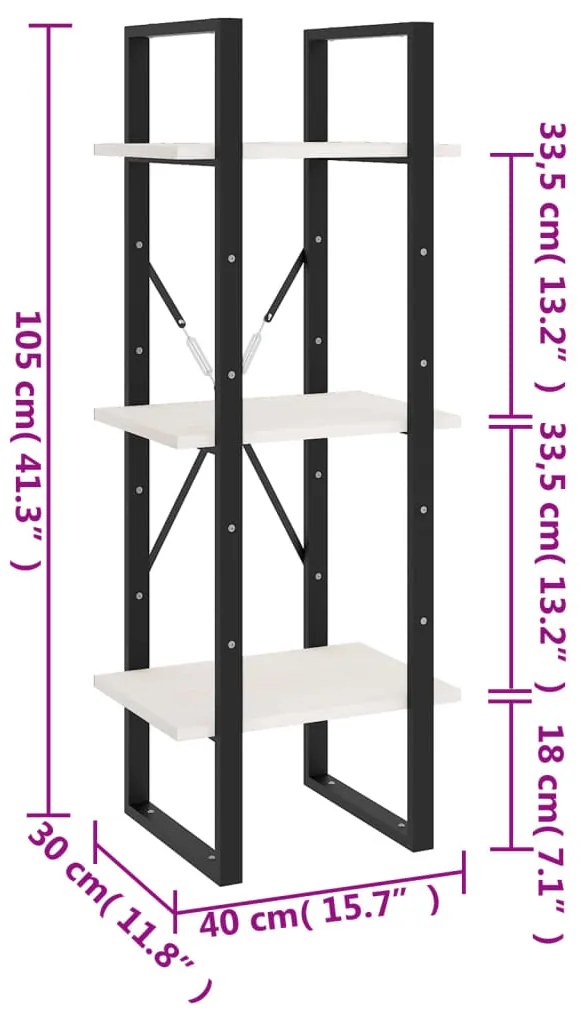 Estante c/ 3 prateleiras 40x30x105 cm pinho maciço branco