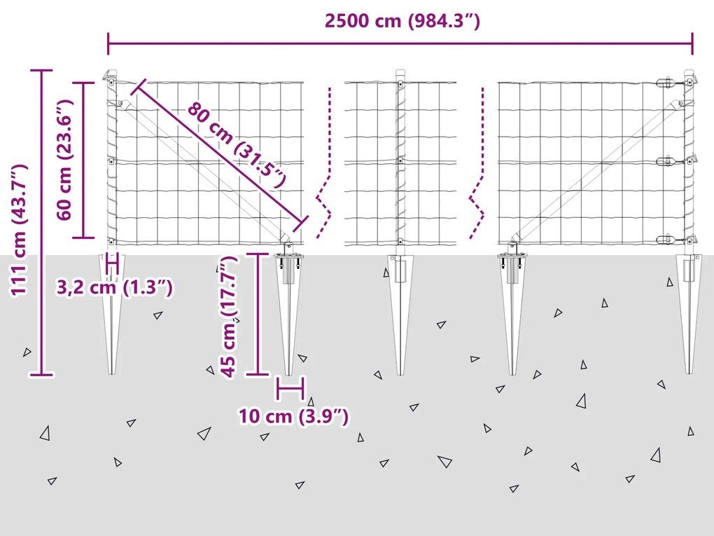 Cerca Euro com 13 Estacas de Espeto 0.6x25 m Aço Galvanizado Cinza